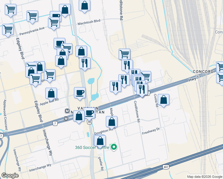 map of restaurants, bars, coffee shops, grocery stores, and more near 2916 Highway 7 in Vaughan