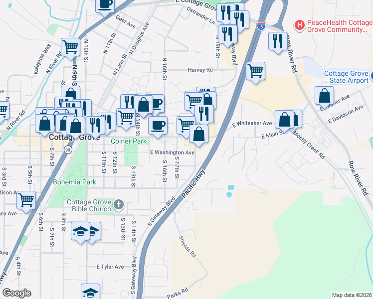 map of restaurants, bars, coffee shops, grocery stores, and more near 1783 East Main Street in Cottage Grove