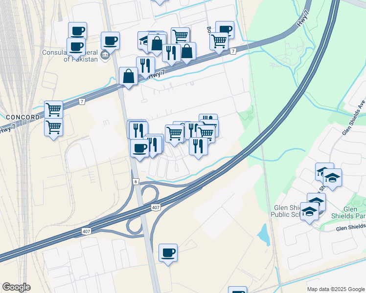 map of restaurants, bars, coffee shops, grocery stores, and more near 132 Jardin Drive in Vaughan