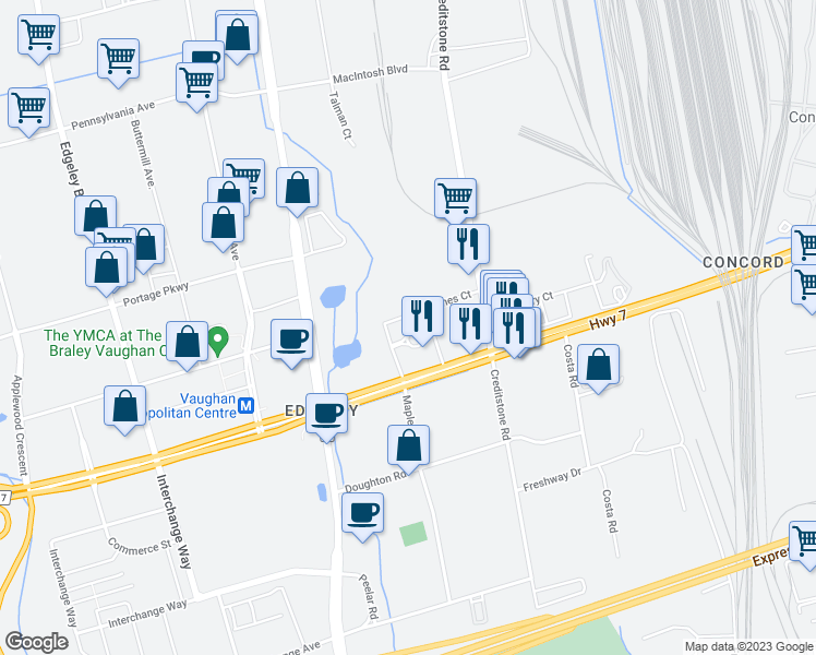map of restaurants, bars, coffee shops, grocery stores, and more near 2908 Highway 7 in Vaughan