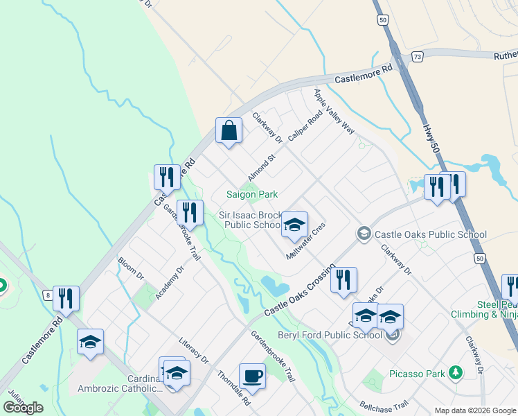 map of restaurants, bars, coffee shops, grocery stores, and more near 51 Drummondville Drive in Brampton