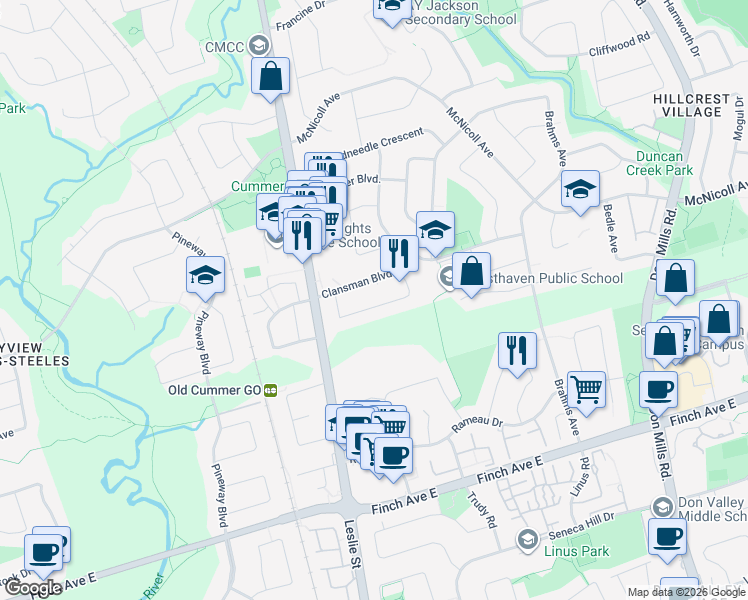 map of restaurants, bars, coffee shops, grocery stores, and more near 34 Summerside Crescent in Toronto