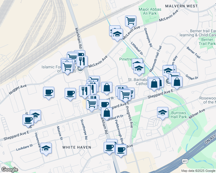 map of restaurants, bars, coffee shops, grocery stores, and more near in Toronto