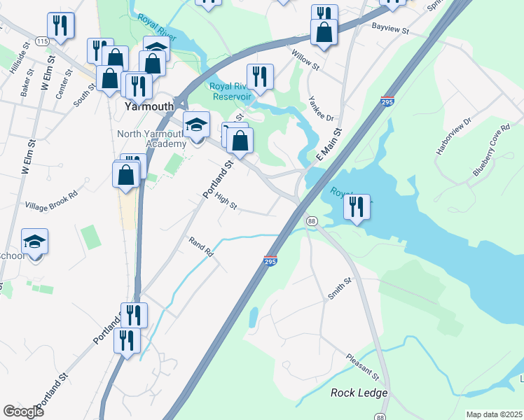map of restaurants, bars, coffee shops, grocery stores, and more near 26 Rocky Hill Road in Yarmouth
