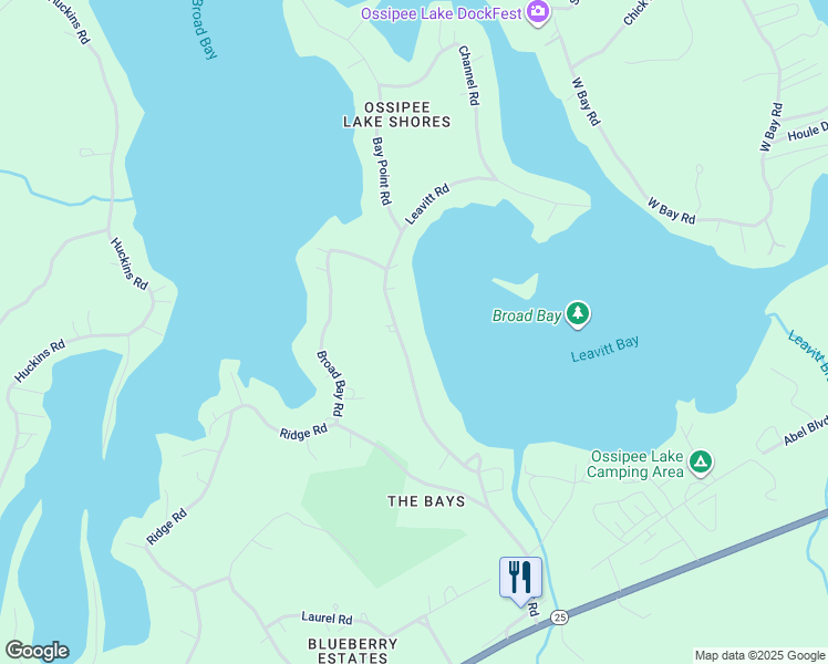 map of restaurants, bars, coffee shops, grocery stores, and more near 90 Leavitt Road in Ossipee