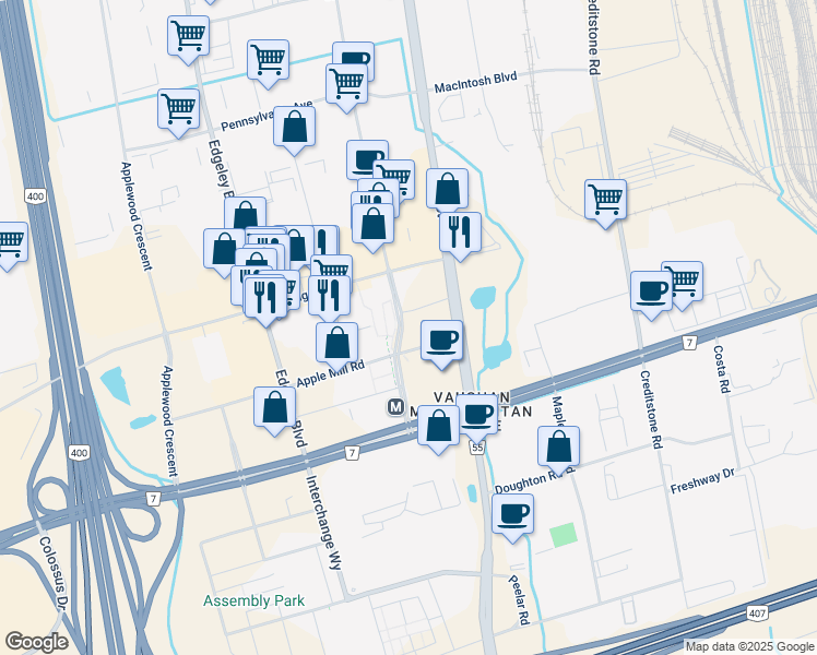 map of restaurants, bars, coffee shops, grocery stores, and more near 175 Millway Avenue in Vaughan