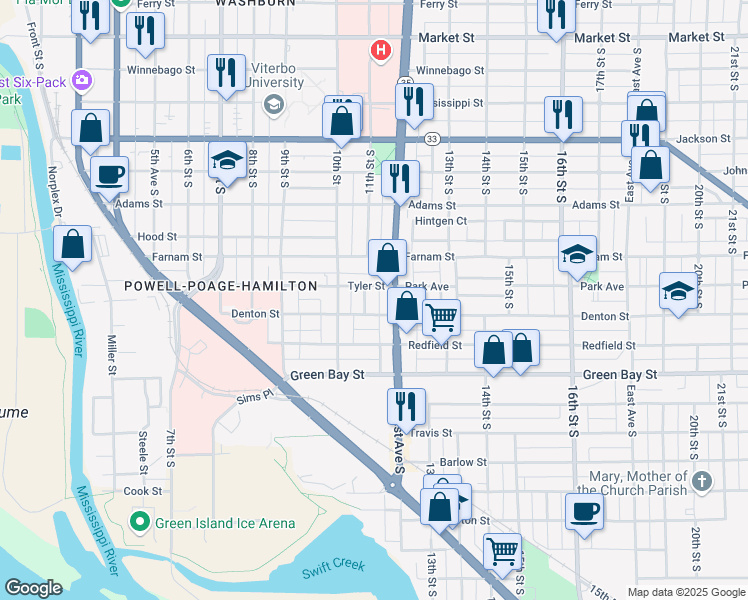 map of restaurants, bars, coffee shops, grocery stores, and more near 1143 Tyler Street in La Crosse