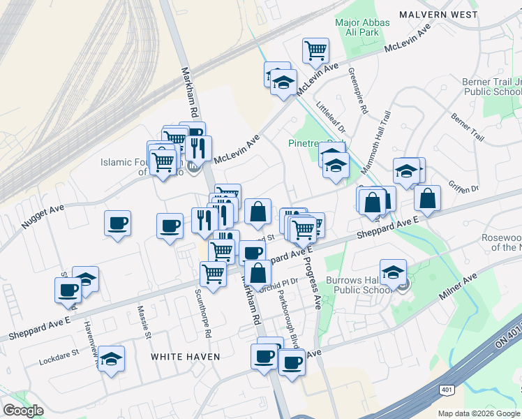 map of restaurants, bars, coffee shops, grocery stores, and more near 50 Verne Crescent in Toronto