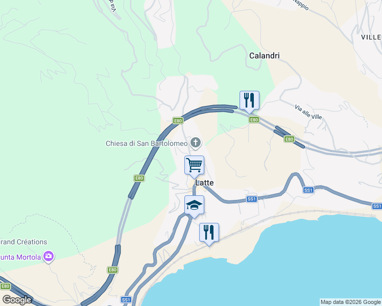 map of restaurants, bars, coffee shops, grocery stores, and more near 1 Via Anacleto Hughes in Latte