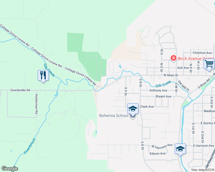 map of restaurants, bars, coffee shops, grocery stores, and more near Lorane Highway in Cottage Grove