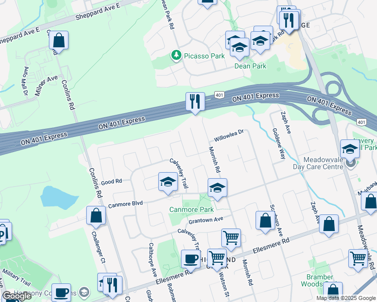 map of restaurants, bars, coffee shops, grocery stores, and more near 68 Grover Drive in Toronto