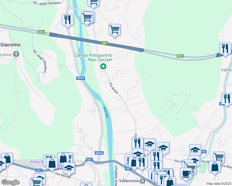 map of restaurants, bars, coffee shops, grocery stores, and more near 225 Via Braie in Camporosso