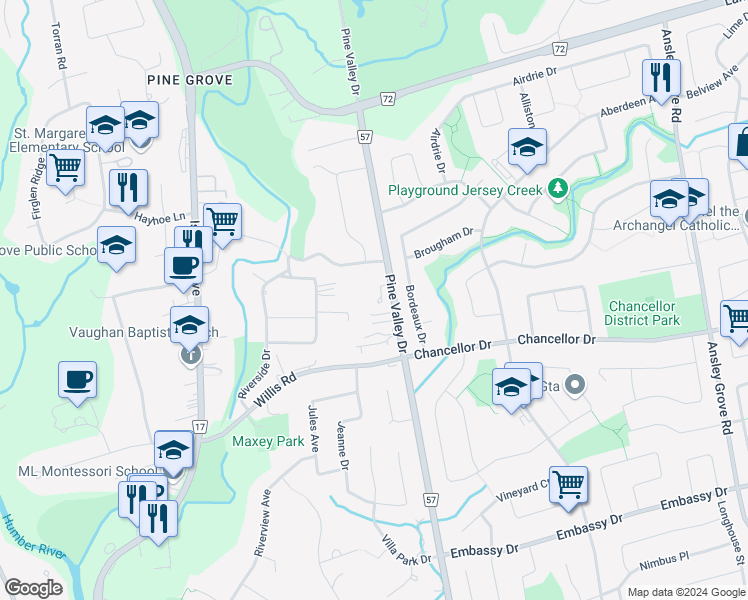 map of restaurants, bars, coffee shops, grocery stores, and more near 34 Shatner Turnabout in Vaughan