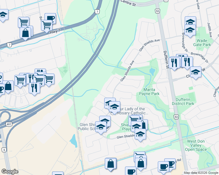 map of restaurants, bars, coffee shops, grocery stores, and more near 50 New Seabury Drive in Vaughan