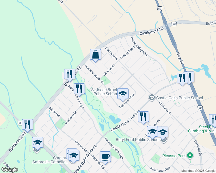 map of restaurants, bars, coffee shops, grocery stores, and more near 51 Drummondville Drive in Brampton