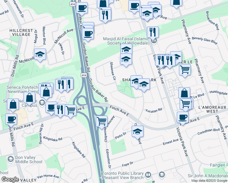 map of restaurants, bars, coffee shops, grocery stores, and more near 152 Micmac Crescent in Toronto