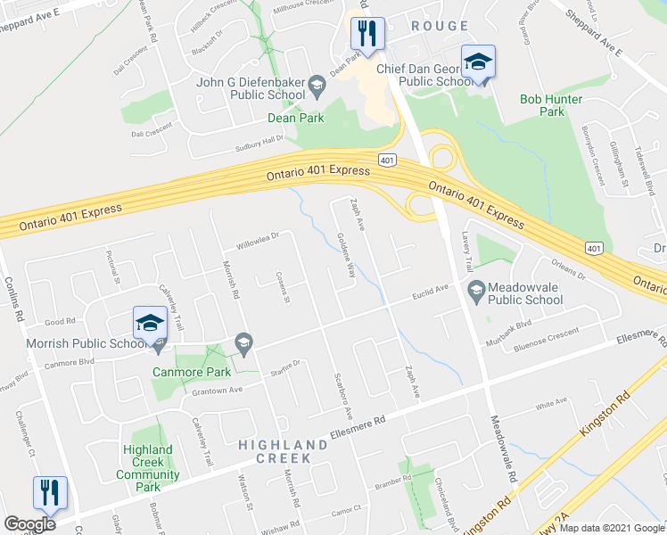 map of restaurants, bars, coffee shops, grocery stores, and more near 25 Fawnridge Trail in Toronto