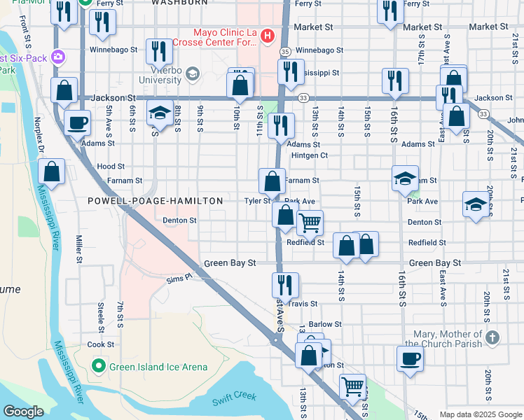 map of restaurants, bars, coffee shops, grocery stores, and more near 1143 Tyler Street in La Crosse