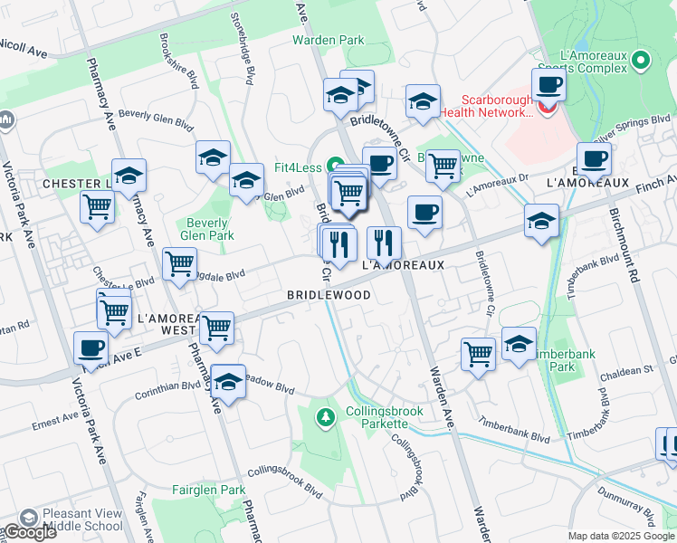 map of restaurants, bars, coffee shops, grocery stores, and more near 3268 Finch Avenue East in Toronto