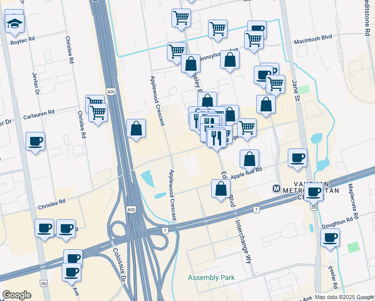 map of restaurants, bars, coffee shops, grocery stores, and more near 610 Portage Parkway in Vaughan
