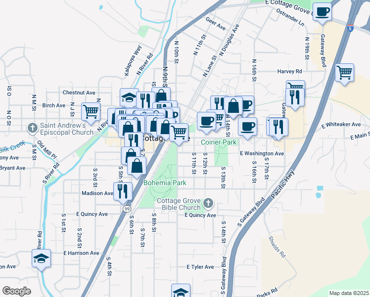 map of restaurants, bars, coffee shops, grocery stores, and more near 1029 East Main Street in Cottage Grove
