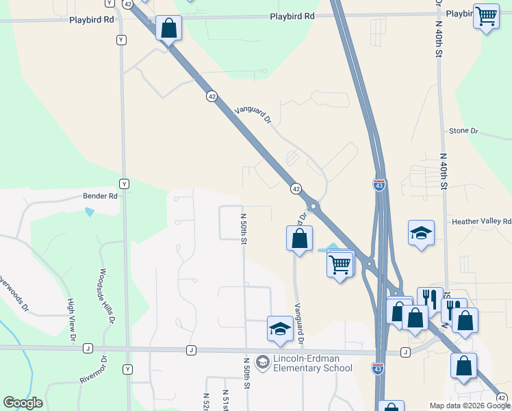 map of restaurants, bars, coffee shops, grocery stores, and more near 5004 North Reineking Drive in Sheboygan