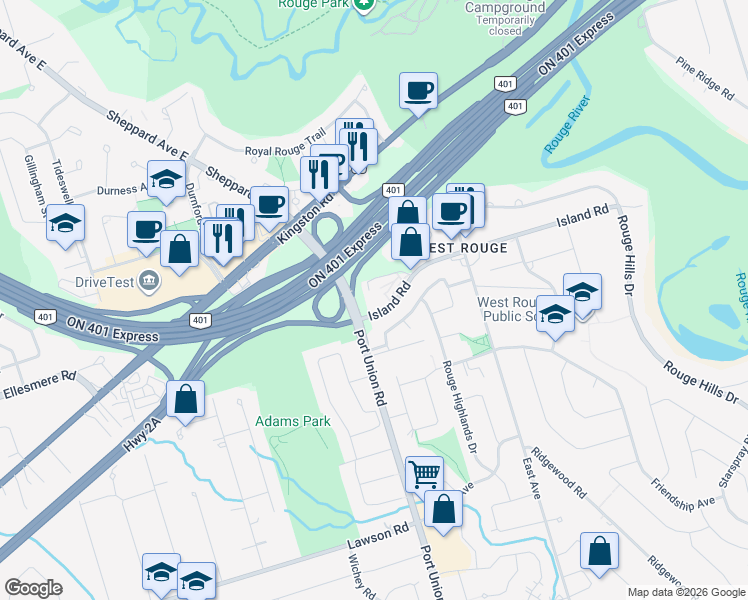 map of restaurants, bars, coffee shops, grocery stores, and more near 2 Island Road in Toronto