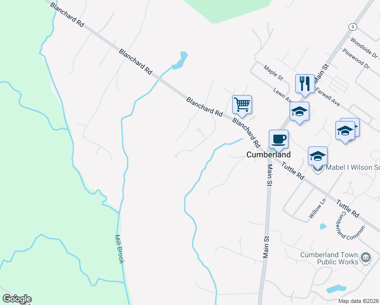 map of restaurants, bars, coffee shops, grocery stores, and more near 98 Sunnyfield Lane in Cumberland