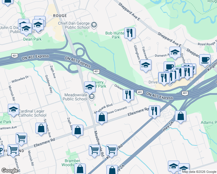 map of restaurants, bars, coffee shops, grocery stores, and more near 34 Orleans Drive in Toronto