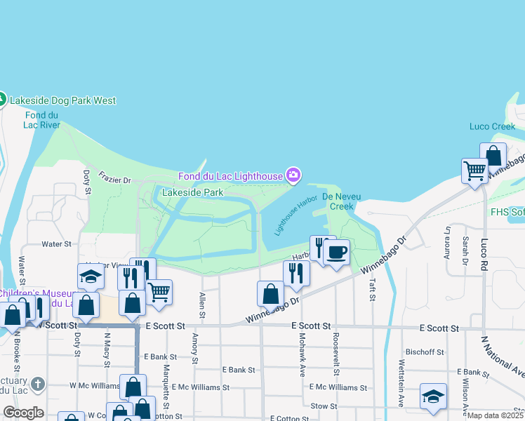 map of restaurants, bars, coffee shops, grocery stores, and more near 555 North Park Avenue in Fond du Lac