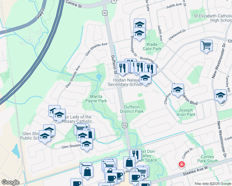 map of restaurants, bars, coffee shops, grocery stores, and more near 97 Pauline Court in Vaughan