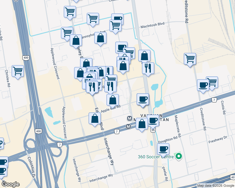 map of restaurants, bars, coffee shops, grocery stores, and more near 5 Buttermill Avenue in Vaughan