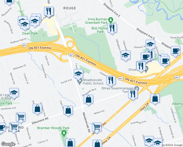map of restaurants, bars, coffee shops, grocery stores, and more near 37 Lavery Trail in Toronto