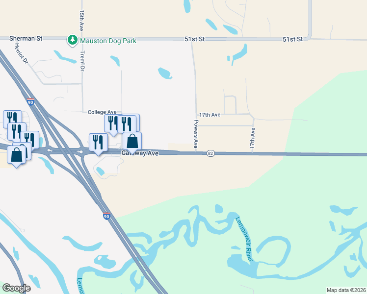 map of restaurants, bars, coffee shops, grocery stores, and more near W5522 Wisconsin 82 in Mauston