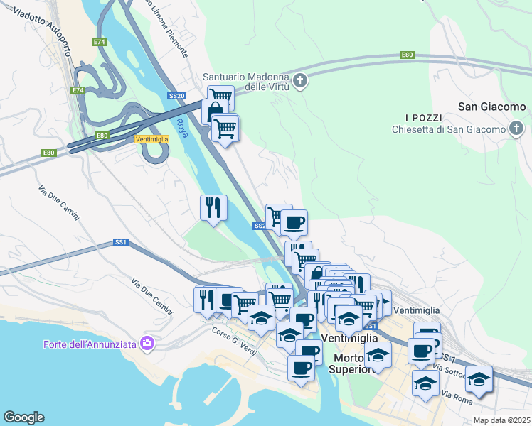 map of restaurants, bars, coffee shops, grocery stores, and more near Via Tenda in Ventimiglia