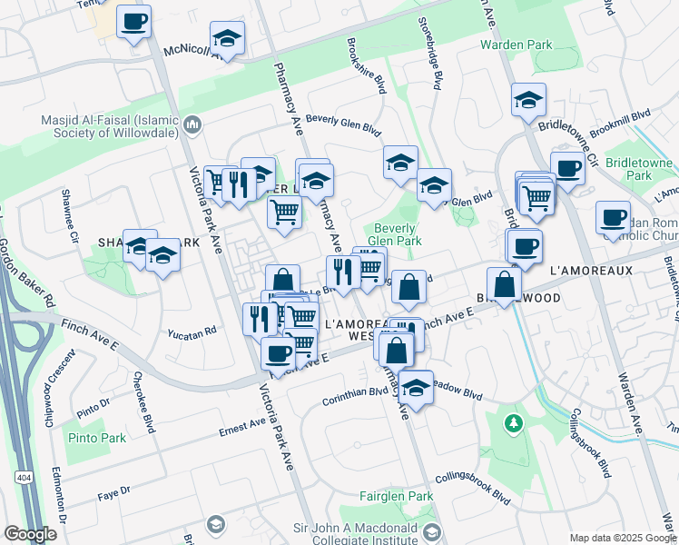 map of restaurants, bars, coffee shops, grocery stores, and more near in Toronto