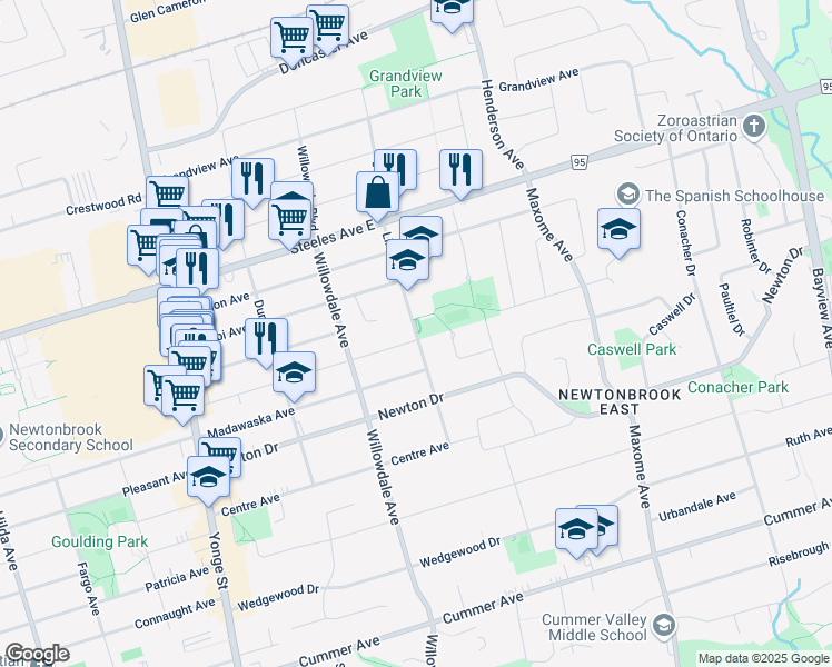 map of restaurants, bars, coffee shops, grocery stores, and more near Lillian Street in Toronto