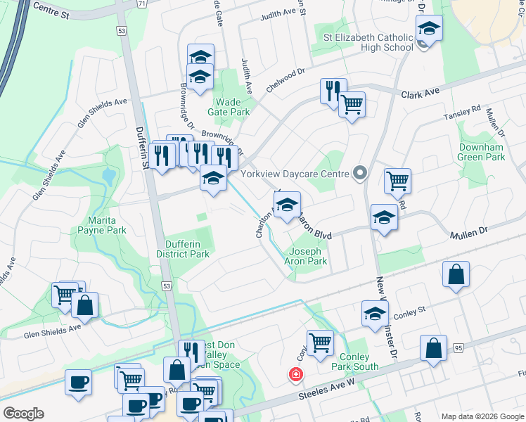 map of restaurants, bars, coffee shops, grocery stores, and more near 62 Charlton Avenue in Vaughan