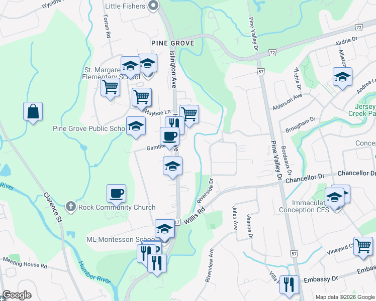 map of restaurants, bars, coffee shops, grocery stores, and more near 245 Pine Grove Road in Vaughan