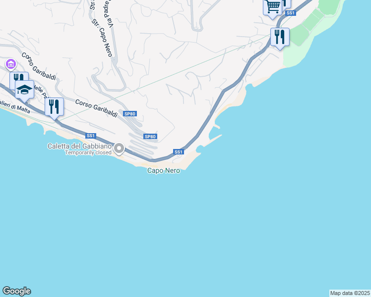 map of restaurants, bars, coffee shops, grocery stores, and more near Strada Statale 1 in Sanremo
