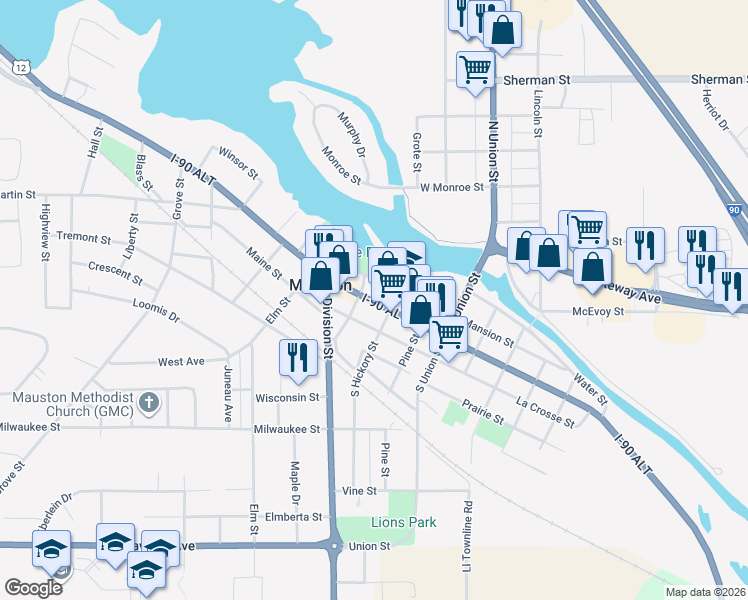 map of restaurants, bars, coffee shops, grocery stores, and more near 225 E State St in Mauston