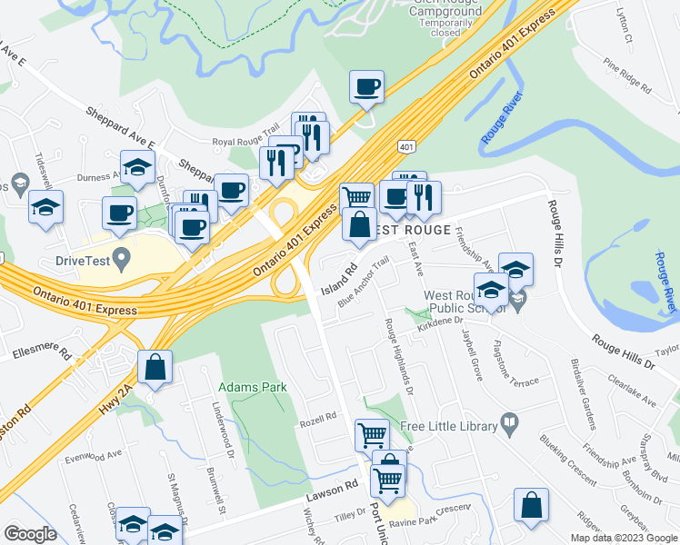map of restaurants, bars, coffee shops, grocery stores, and more near 11 Island Road in Toronto