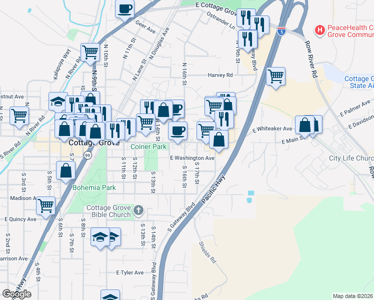 map of restaurants, bars, coffee shops, grocery stores, and more near 50 South 16th Street in Cottage Grove