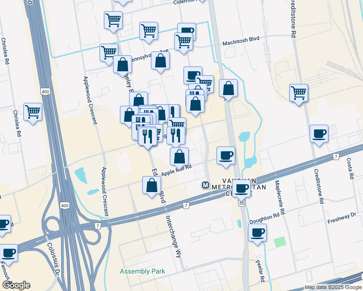 map of restaurants, bars, coffee shops, grocery stores, and more near 7 Buttermill Avenue in Vaughan