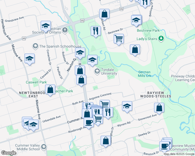 map of restaurants, bars, coffee shops, grocery stores, and more near 3377 Bayview Avenue in Toronto