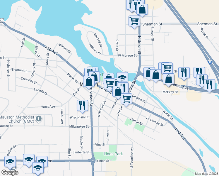 map of restaurants, bars, coffee shops, grocery stores, and more near 225 East State Street in Mauston