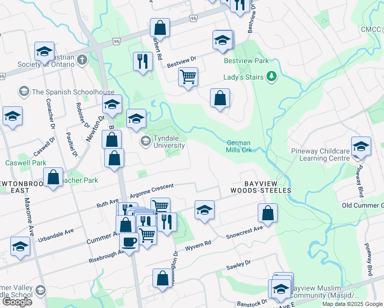 map of restaurants, bars, coffee shops, grocery stores, and more near 61 Bowan Court in Toronto