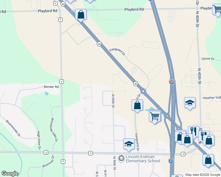 map of restaurants, bars, coffee shops, grocery stores, and more near 5004 North Reineking Drive in Sheboygan