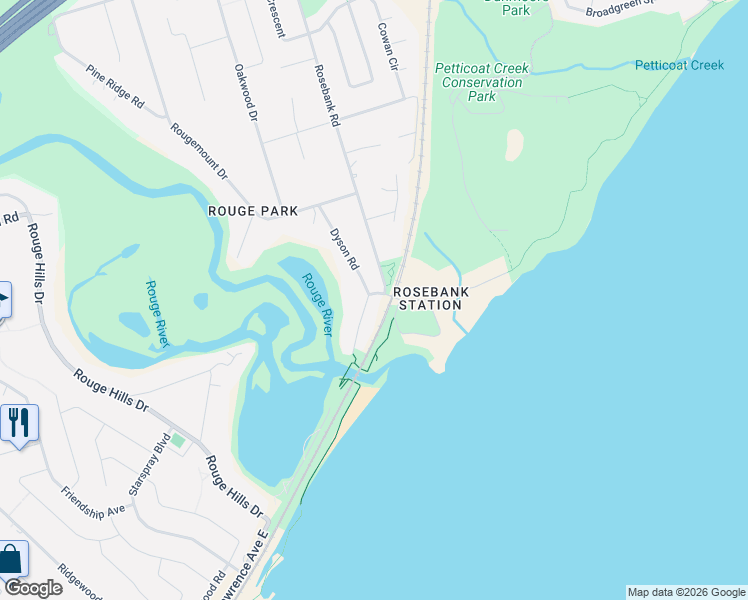 map of restaurants, bars, coffee shops, grocery stores, and more near 335 Dyson Road in Pickering
