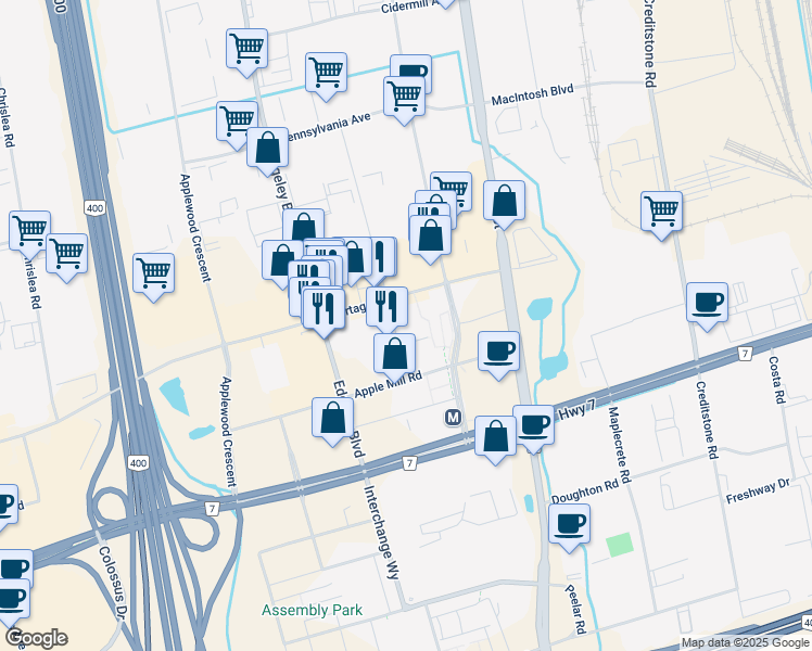 map of restaurants, bars, coffee shops, grocery stores, and more near in Vaughan